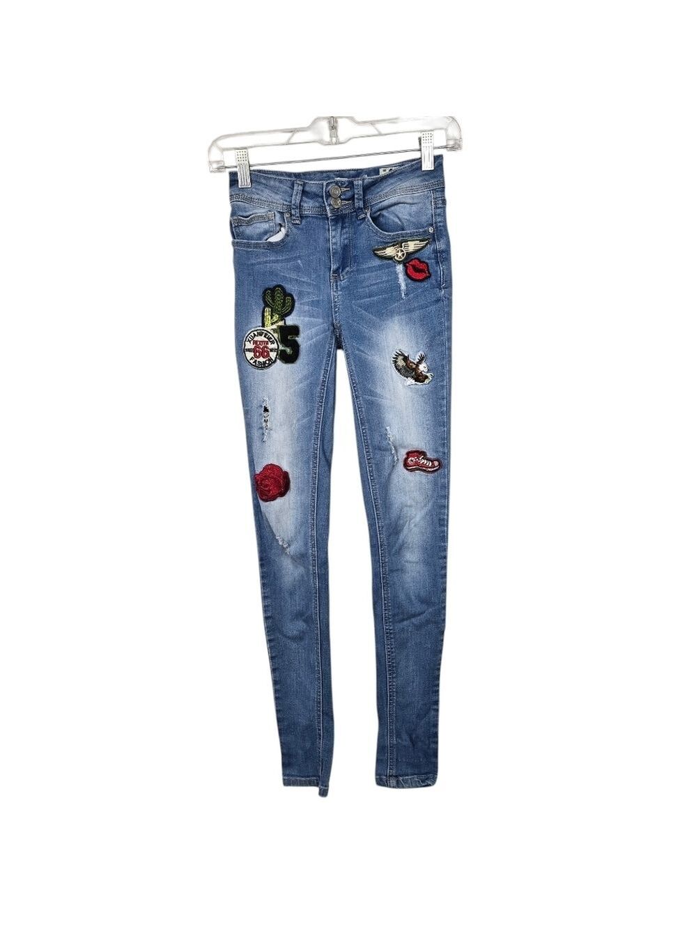 Indigo Rain Anklet Skinny Patched Distressed Jeans 0